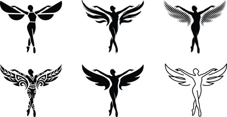 Angel ballerina silhouette vector set, female figure with wings in elegant dance pose, tribal and halftone artistic style collection © Md