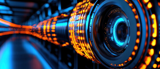 Futuristic glowing turbine engine generating digital data energy