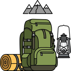 Green Hiking Backpack with Sleeping Mat and Lantern for Outdoor Adventure.