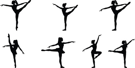 Ballet dancer silhouette pose set, graceful female dance movements, elegance, flexibility, artistic performance, black white vector illustration collection
