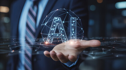 Advanced AI technology visualization, luminous AI hologram formed from digital circuits and light particles, emerging from a hand, interconnected data nodes and global network lines