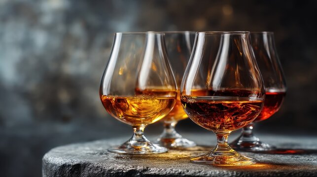 Close-up of elegantly arranged cognac glasses on rustic stone table.