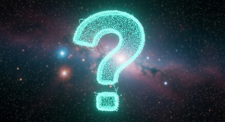 Teal question mark made of many dots over a stellar background, representing curiosity, exploration, and inquiry, suitable for educational use