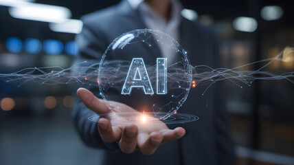 Advanced AI technology visualization, luminous AI hologram formed from digital circuits and light particles, emerging from a hand, interconnected data nodes and global network lines