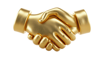 Gold 3D metallic handshake icon showing partnership and agreement isolated on transparent background.

