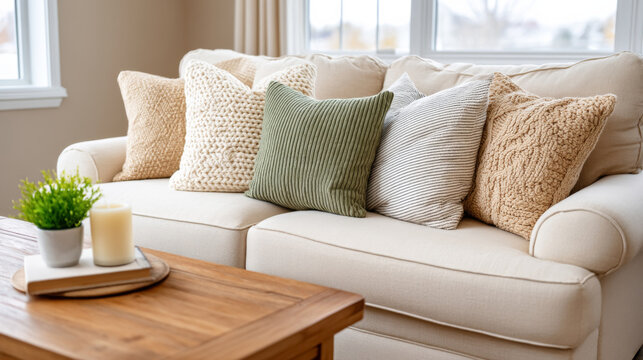 Cozy spring living room decor with neutral pillows and beige sofa for refreshing interior design