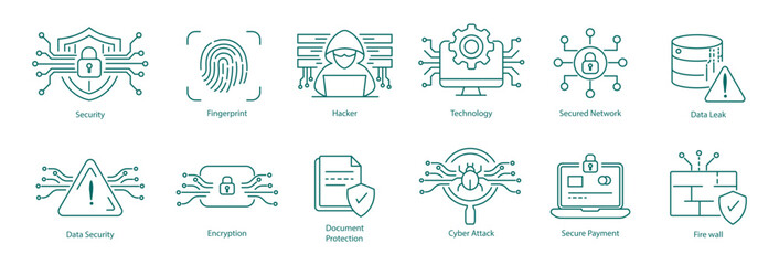 System Vulnerability, Cyber Bug, and Encrypted Document Security Icons