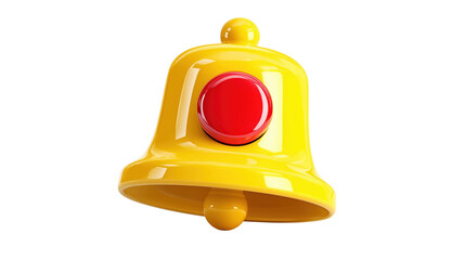 Yellow 3D notification bell icon with red button for alerts isolated on transparent background.

