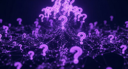 Purple question mark in network, floating, connected by fine threads on dark background, representing uncertainty, research, and data connection
