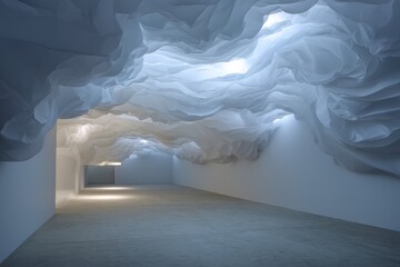 An abstract interior space with a textured ceiling resembling clouds. Soft lighting enhances the ethereal atmosphere. The floor is bare and minimalistic.