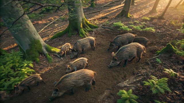 Herd of Wild Boars Foraging in Sun-Dappled Forest During Golden Hour...