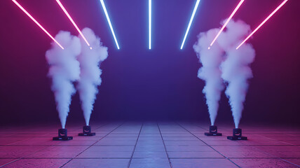 Stage with neon lights and smoke machines creating futuristic concert or party atmosphere