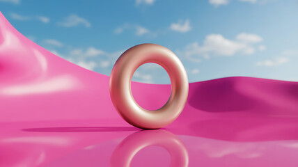 Golden Ring Shape on Glossy Pink Surface with Sky Background