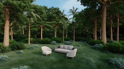 Outdoor Furniture in Forest Clearing with Natural Green Surroundings