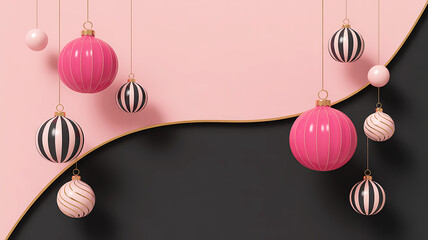 Elegant Christmas Baubles on Pink and Black Background with Golden Border