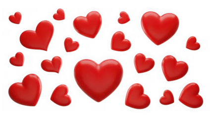 Scattered red hearts isolated on transparent background