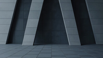 Modern architectural wall with large diagonal columns and tiled floor in minimal urban style