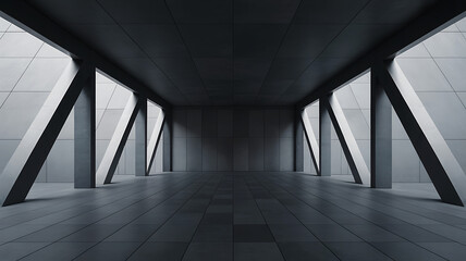 Modern empty interior with geometric windows and tiled floor in minimal architectural space