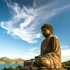 Fototapeta premium Bronze Buddha statue, serene posture, dramatic clouds