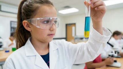 Young girl lab coat safety glasses holding test tube with blue yellow colorful liquid science classroom inspiring future education curiosity test