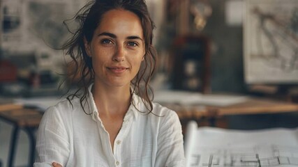 A woman stands confidently with her arms crossed in an office filled with architectural plans. She is part of a design team and is focused on an upcoming project set to begin soon