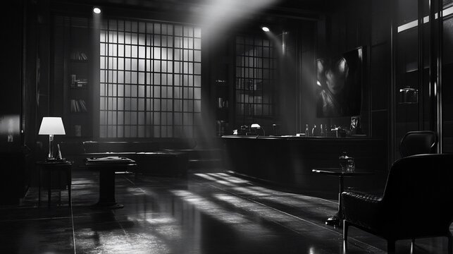 Dark, moody loft apartment interior; sunbeams illuminate bar, furniture; film noir setting