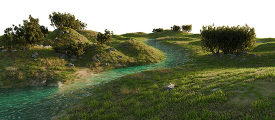 Clear River Flowing Through Green Grassy Hills. 3D rendering.	
