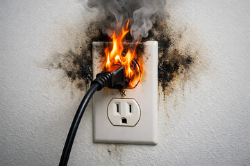 Electrical fire hazard outlet overload overheating causing dangerous house fire risk requiring immediate emergency intervention preventing residential property damage loss safety inspection repair