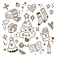 Winter cozy doodle set. Warm clothes, drinks, books, gifts, candles, mittens, socks, snowflakes and others. Cute line art vector. on white background Christmas mood