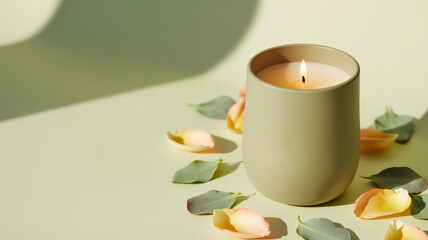 Burning Scented Candle with Rose Petals on Soft Green Background for Spa and Wellness Design