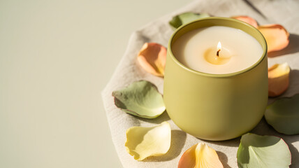 Burning Scented Candle with Rose Petals on Soft Green Background for Spa and Wellness Design