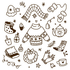 Winter cozy doodle set. Warm clothes, drinks, books, gifts, candles, mittens, socks, snowflakes and others. Cute line art vector. on white background Christmas mood