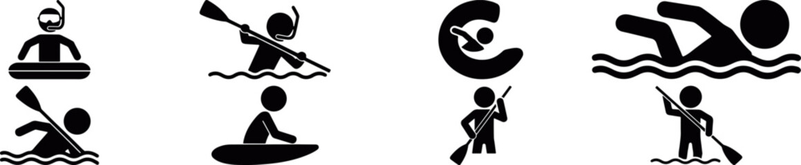 outdoor adventure sports people silhouette activity, extreme sports leisure activities silhouette symbols collection, Sports action pictogram with swimming, running, jumping, water sport activity icon © craft_art