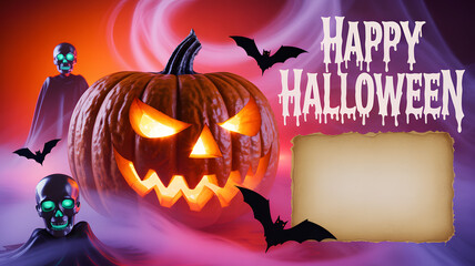 Spooky Halloween background with glowing jack-o'-lantern, skulls, bats and copy space for text