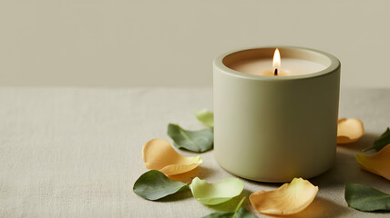 Burning Scented Candle with Rose Petals on Soft Green Background for Spa and Wellness Design