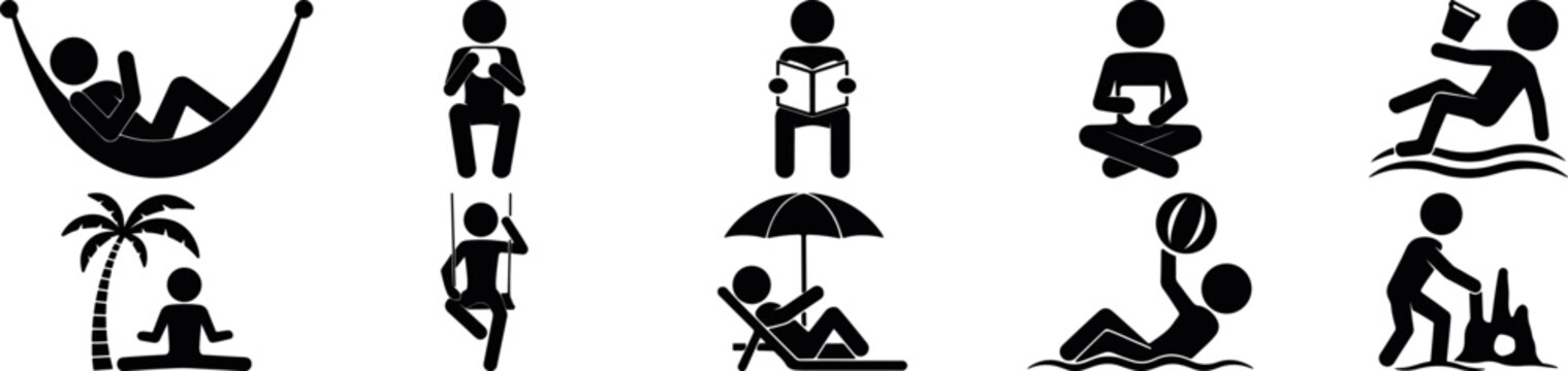 leisure activities people silhouette, free time outdoor relaxation people silhouette symbols, summer leisure activity icons collection, human activity pictogram showing work and daily life actions
