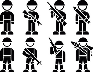 soldier people silhouette icon set military poses, army soldier silhouette symbols collection isolated, military service people, Military Soldier Silhouette Icons Set with Different Poses for Army 