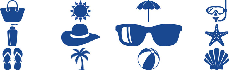 summer travel beach silhouette icon set accessories, Summer Beach Vacation Icons Set with Sunglasses, Palm Tree and Travel Symbols, Vector Design, vacation holiday summer objects silhouette symbols