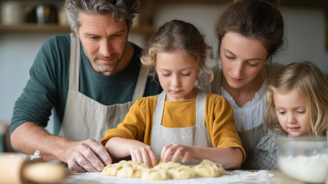 Family baking cookies together in kitchen activity for fun and bonding - Powered by Adobe