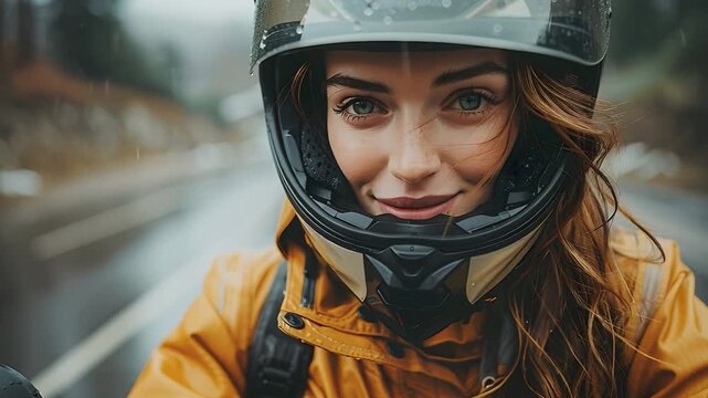 A woman smiles while riding a motorcycle in the rain. She wears a helmet and a rain jacket. The road is wet from the rain. The scene shows her enjoying the ride despite the weather