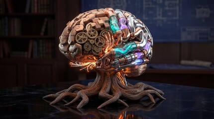 Mechanical brain sculpture with glowing tubes on a desk in a modern office