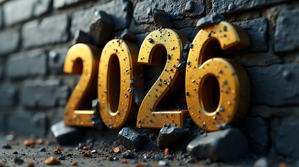Golden 2026 Numbers Breaking Through Black Brick Wall Dramatic Concept