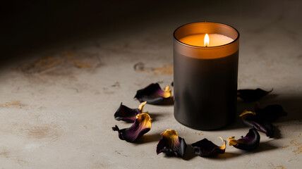 Luxury black candle with dark rose petals on soft background with copy space for spa, romantic or beauty design