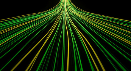 Abstract image of converging green and yellow luminous lines against dark background, creating visual pathway, symbolizing connection and direction