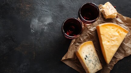 Assorted cheeses with red wine glasses on rustic dark background.