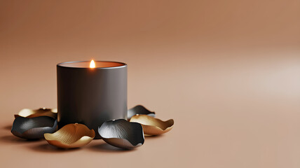 Burning Scented Candle with Dried Rose Petals on Beige Background for Spa and Relaxation Themes