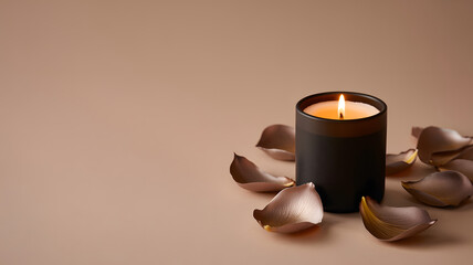Burning Scented Candle with Dried Rose Petals on Beige Background for Spa and Relaxation Themes