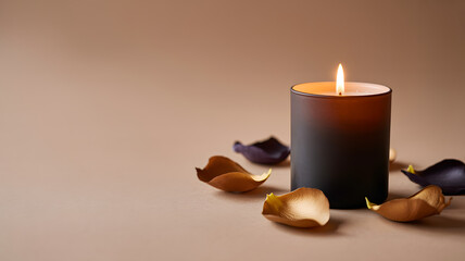 Burning Scented Candle with Dried Rose Petals on Beige Background for Spa and Relaxation Themes