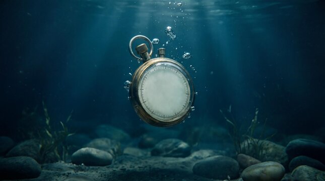 Stopwatch without numbers sinking slowly into deep blue water