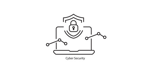 Cyber security laptop with shield and padlock protection line icon